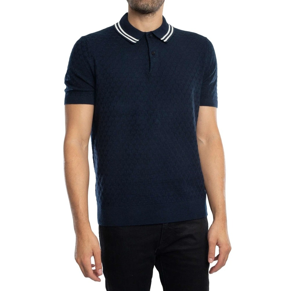 Ted Baker Mahana Polo Sweater Mens L Navy T Stitch Wool Blend Striped